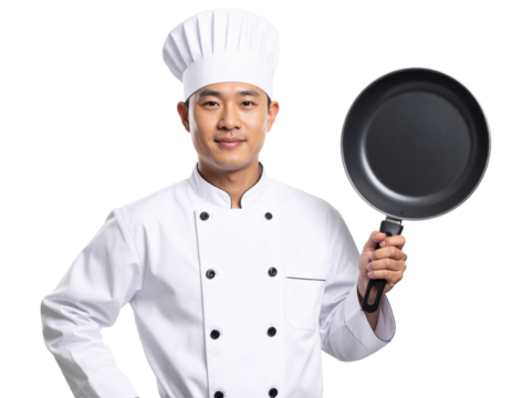 Happy Male Chef in White Uniform Holding Frying Pan Up with One Hand – Transparent PNG.