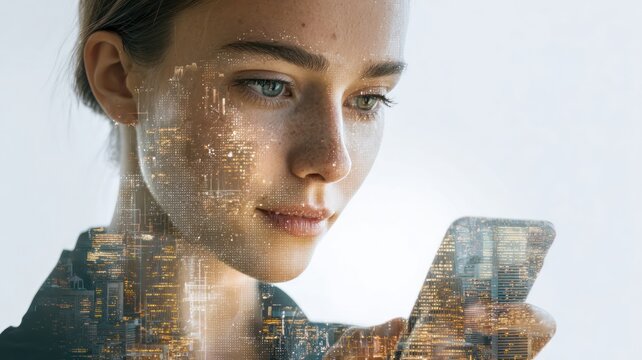 businesswoman using smartphone with virtual data holograms, augmented reality, futuristic cityscape background, detailed face, natural complexion