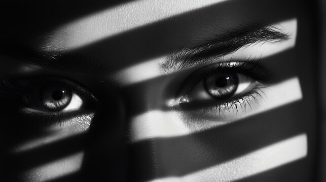 Dramatic close up of eyes gazing through blinds with high contrast shadows.