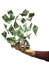 Black male hand in long sleeves shirt holding phone with Algerian Dinar notes floating hovering on screen isolated on transparent background. 3d rendered banknotes	