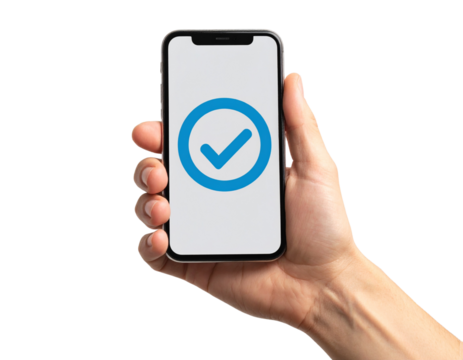  Left Hand Presenting Smartphone with Rounded Checkmark Icon on Screen – PNG Transparent.