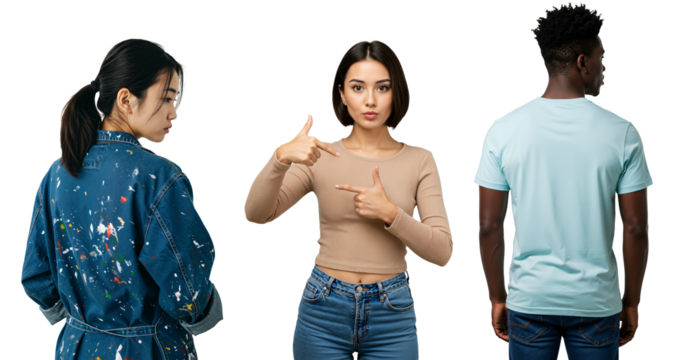 Woman pointing at two different people, an artist and a man. Conceptual image about choice, comparison, and diversity. Three multiethnic people isolated on transparent background.