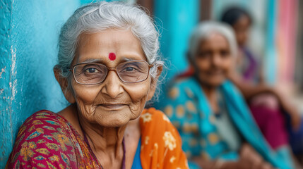 Elderly Indian woman with glasses and traditional bindi, portrait of senior women with colorful clothing and weathered skin showing wisdom