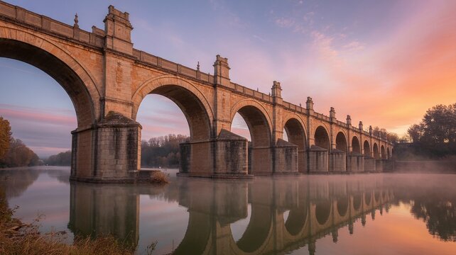 Reina. Puente de Piedra reflected in the Ebro River at dawn, Zaragoza, Spain