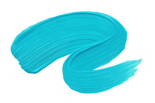 Vivid turquoise acrylic paint forming a dynamic curved stroke isolated on transparent background, perfect for adding a touch of color to designs