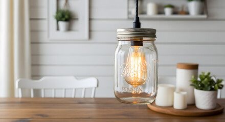 A reused glass bottle styled as a minimalist vase holding dried pampas and eucalyptus, placed on a linen table runner. Warm side lighting and neutral tones evoke cozy, eco-conscious interior vibes.