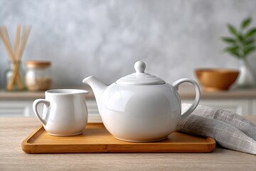Fototapeta premium Elegant White Porcelain Teapot and Creamer Set on Wooden Tray