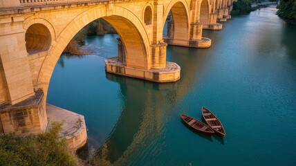 Naklejka premium Reina. Roman Bridge of C?rdoba with Two Boats on Guadalquivir River at Sunset