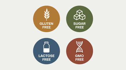 Four circular icons representing gluten free sugar free lactose free and gmo free food labels