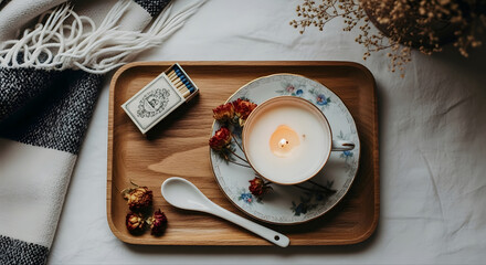 Vintage teacup repurposed into a handmade candle, placed on a wooden tray with a matchbox, ceramic spoon, and dried flowers. Set on a cozy blanket with warm tones and soft natural light.