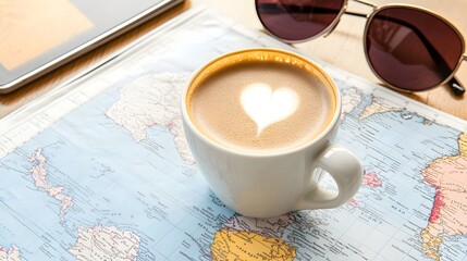 Travel coffee break world map latte art