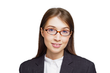 Professional young woman in glasses smiling confidently while wearing a dark blazer against a clean background, embodying elegance and intelligence