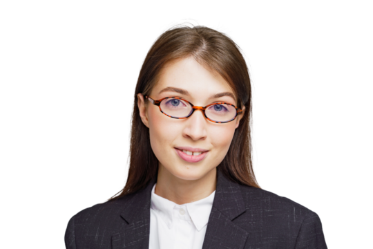 Professional young woman in glasses smiling confidently while wearing a dark blazer against a clean background, embodying elegance and intelligence