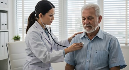 Fototapeta premium A female doctor examines an elderly patient's chest with a stethoscope in a medical office.
