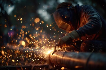 Skilled Welder Steadying Torch on Pipe Seam Creating Sparks in Industrial Environment at Dusk