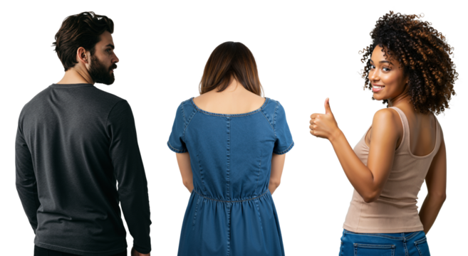 A man is distracted by another woman who gives a thumbs up, ignoring his girlfriend. A concept of infidelity, cheating, and making a new choice.