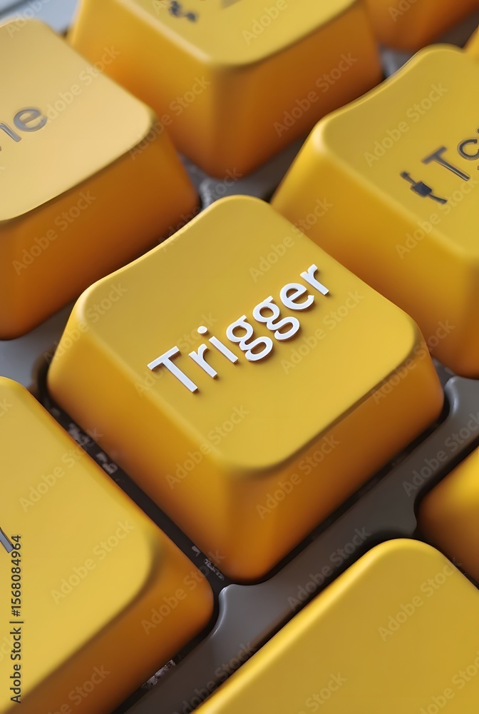 Poster close-up of a yellow keyboard with the word trigger highlighted in white, vertical composition. a vi