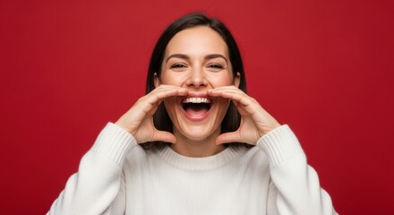 Cheerful caucasian young female smiling in white sweater against red background