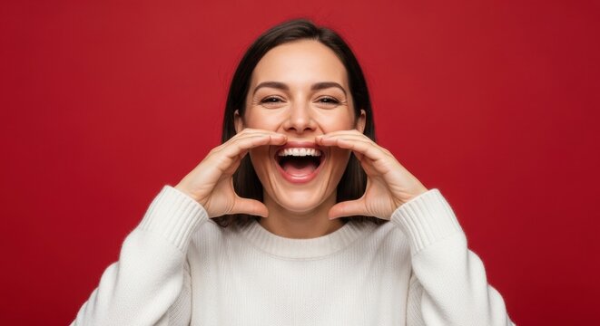 Cheerful caucasian young female smiling in white sweater against red background