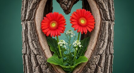 Red Gerbera Daisies and Baby's Breath in a Heart-Shaped Tree Hollow