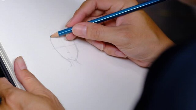 Close up view of a hand drawing on a white sheet. The process of drawing a sketch pencil.