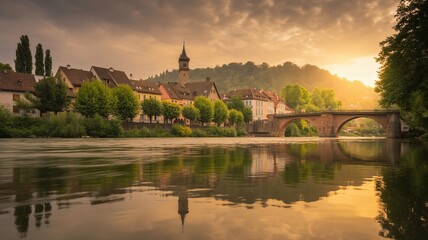 Reina. Golden Hour Reflection of Historic European Town and Stone Bridge over River