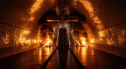 Inferno engulfs underground transit station, creating chaotic and dangerous conditions for