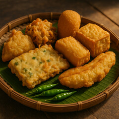 Gorengan fried snack in indonesia with nampan traditional plate
