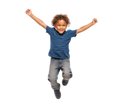 A happy young boy wearing a blue T-shirt and grey jeans, jumping in the air, isolated on a transparent background