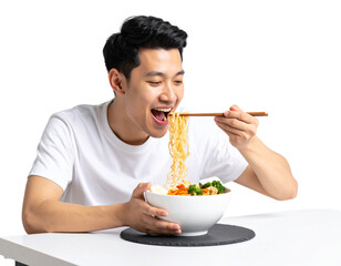  “Side View of a Young Person Enjoying Chinese Noodles with Chopsticks, Transparent Background”