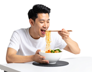  “Side View of a Young Person Enjoying Chinese Noodles with Chopsticks, Transparent Background”