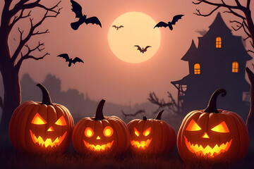 Halloween scene with creepy jack-o'-lanterns, dark birds, and a haunted house on a soft brown and pink background.