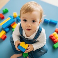 Caucasian young child playing with colorful building blocks on blue mat
