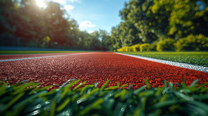 Ultra-detailed rubber texture. Vibrant red athletics track viewed from ground level with rich sunlight and surrounding greenery. Ideal for fitness campaigns, sportswear branding, or outdoor recreation