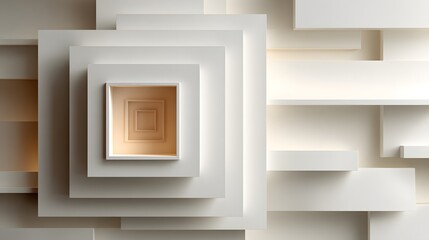Abstract Minimalist Architecture: Nested White Geometric Shapes, Soft Light, Modern Design