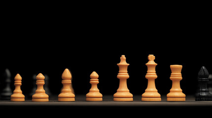 Orange and black chess pieces on a wooden board, ideal for strategy, competition, games, tactics, chess, strategy themed designs, and educational materials.