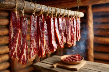 Smoked bacon hanging in a rustic smokehouse, traditional meat preservation