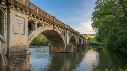 Obraz premium Reina. Arched Bridge Spanning Willow Creek River with Reflections and Lush Greenery