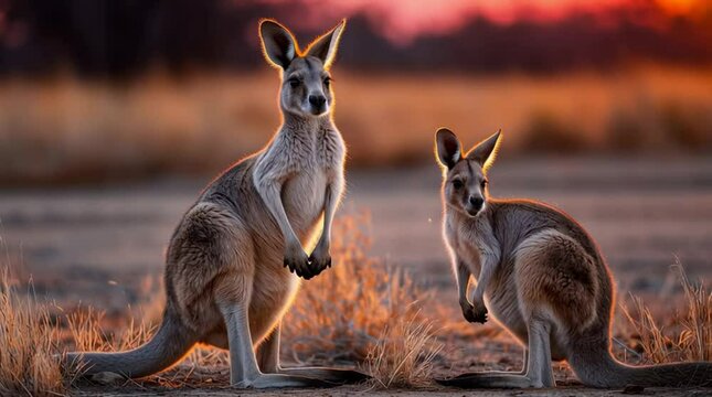 Mother kangaroo with joey, mother kangaroo at sunset, mother kangaroo in outback, Sunset kangaroo motherhood moment, Emotional wildlife bond in desert light, Cinematic outback family wildlife