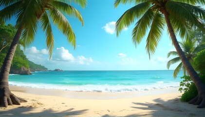 Sunny coastline framed by palm trees