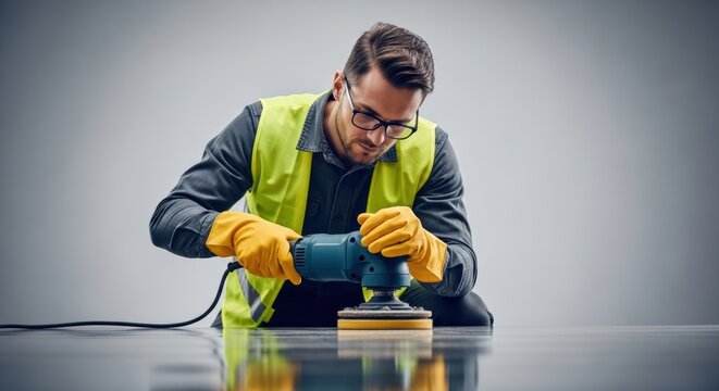 Young caucasian male polishing surface wearing safety gear and ear protection