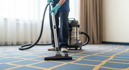 Professional cleaning service vacuuming carpet in modern room