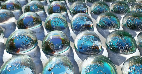 Obraz premium Water droplets cover clear domes. Reflections show blue sky, clouds. Pattern creates interesting visual texture.