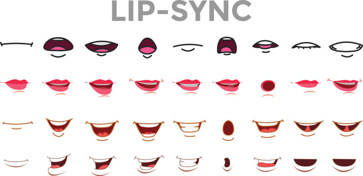 Lips Sync Set. Human lips Collection for lips Animation and synchronization. Sad, Smile, Angry, Laughing Mouth Vector Illustration.