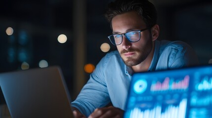 A close-up of a professional man working on a laptop, digital financial reports and AI-generated analytics graphs visible, focused expression indicating business planning and accounting tasks 