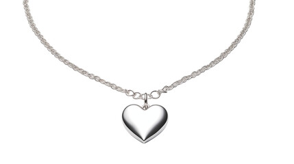 A silver chain necklace featuring a heart shaped pendant against a black colored background view close up