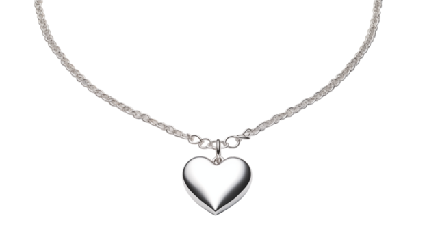 A silver chain necklace featuring a heart shaped pendant against a black colored background view close up - Powered by Adobe