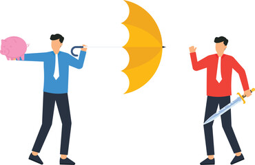 Financial Protection Concept: Businessman Shielding Savings with Umbrella from Threat of Sword, Investment Risk Management, Business Strategy