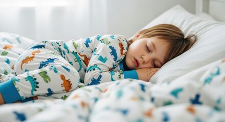 Caucasian young child sleeping peacefully in dinosaur pajamas on a cozy bed