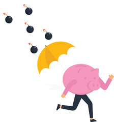 Piggy Bank Running from Financial Crisis with Umbrella Protection Concept Illustration, Economic Risk, Investment Protection, Savings, Financial Danger